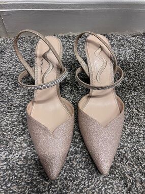 Nina Rose Gold Glitter Pointed-Toe Slingback Heels with Rhinestone Straps